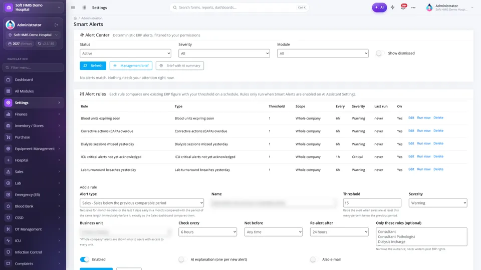 SoftHMIS smart alerts screen listing rule-based hospital and business alert rules with thresholds and AI-generated explanations.