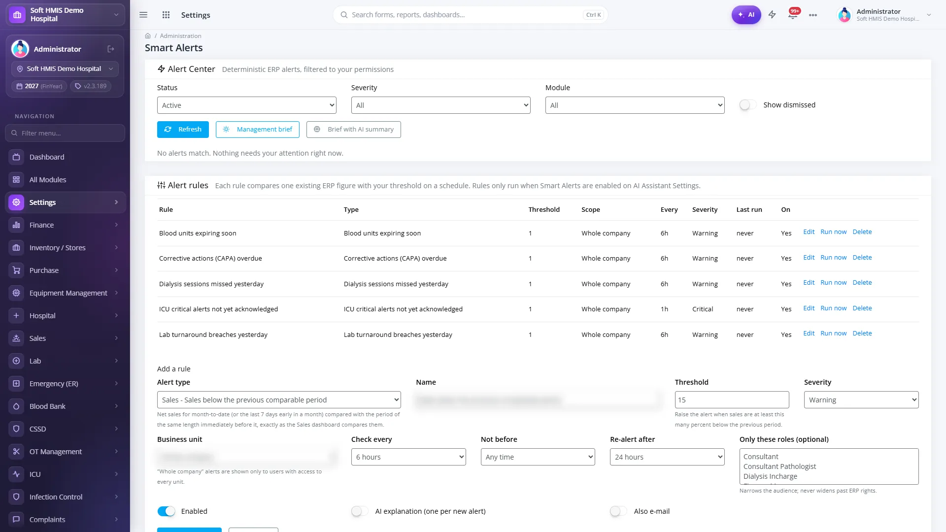SoftHMIS smart alerts screen listing rule-based hospital and business alert rules with thresholds and AI-generated explanations.