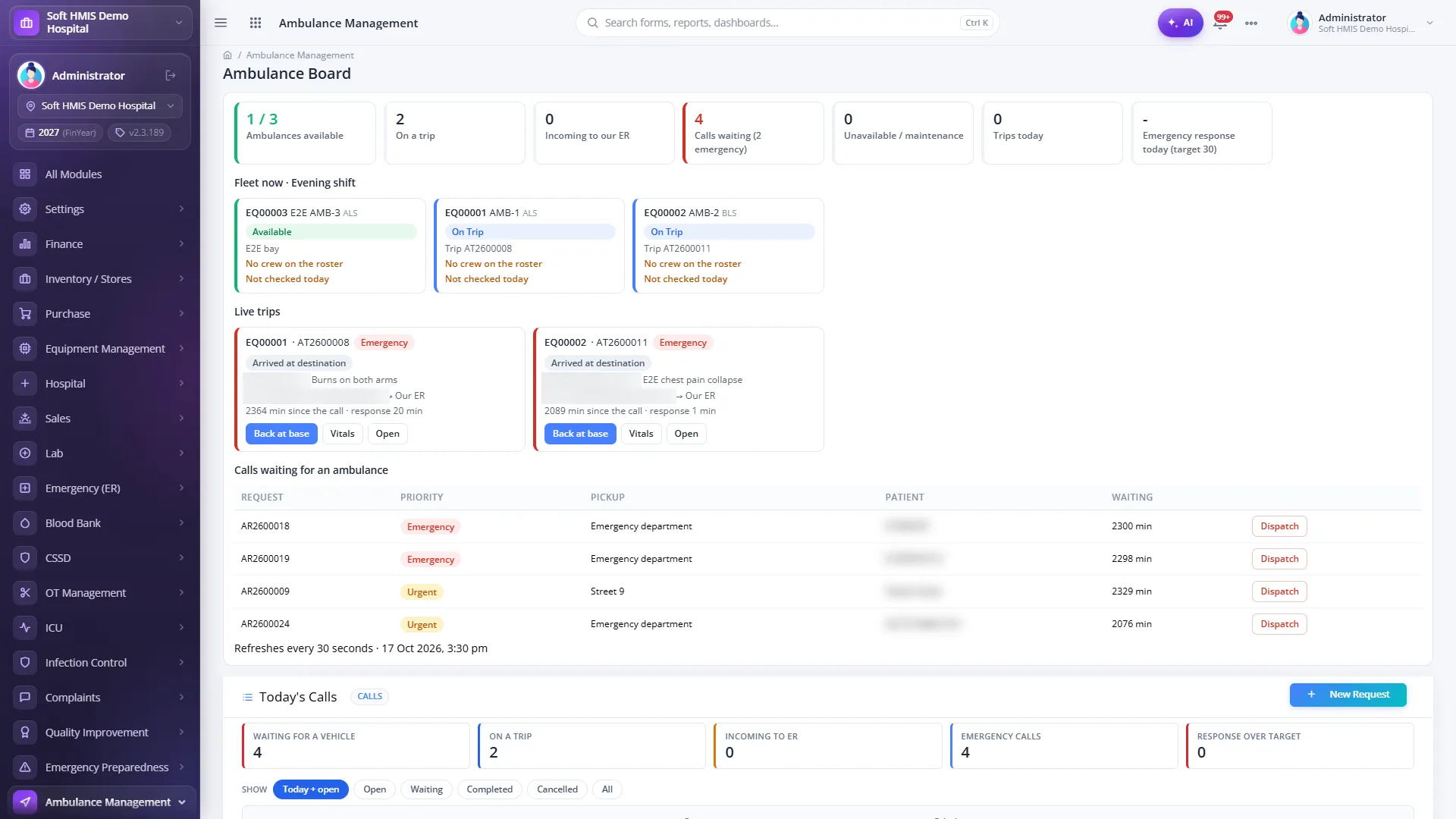 SoftHMIS ambulance board showing open requests, active trips, vehicle availability and crew assignment in a single view.