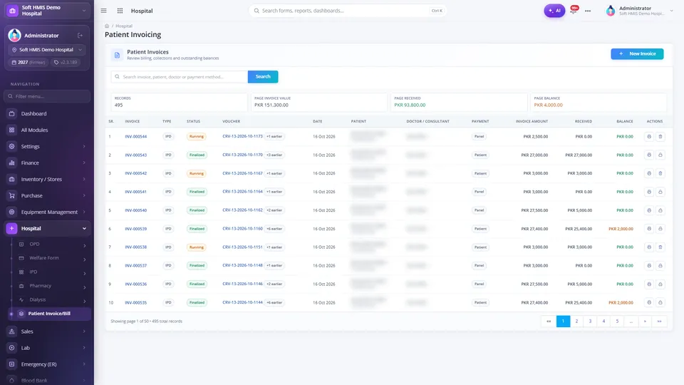 SoftHMIS patient invoicing list with invoice numbers, type, status, payment method, invoice amount, received and balance columns and summary cards for records, invoice value, received and balance.