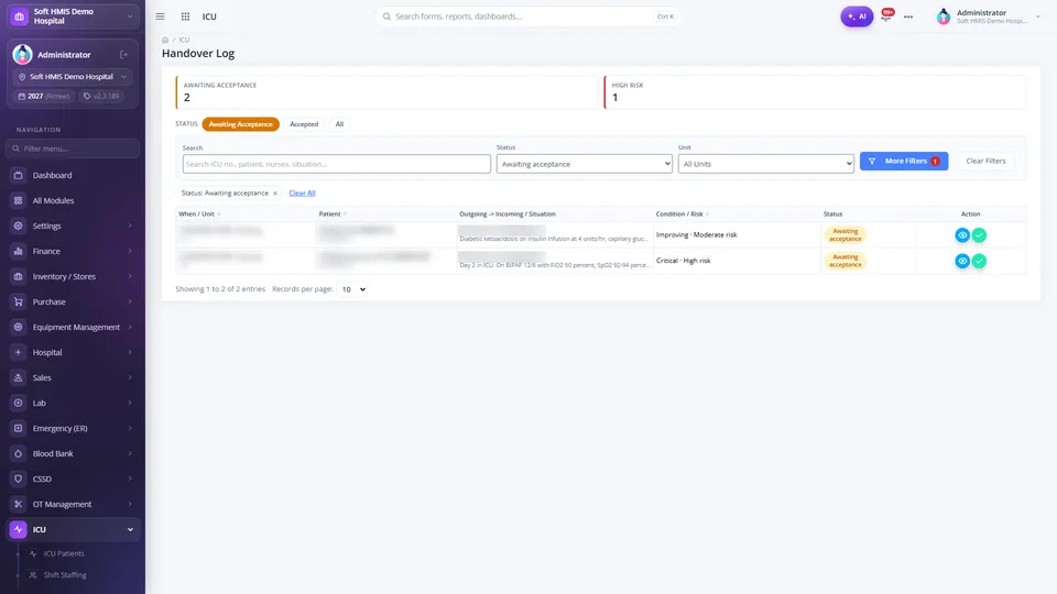 SoftHMIS ICU shift handover screen in SBAR format with situation, background, assessment and recommendation fields and acceptance by the incoming nurse.