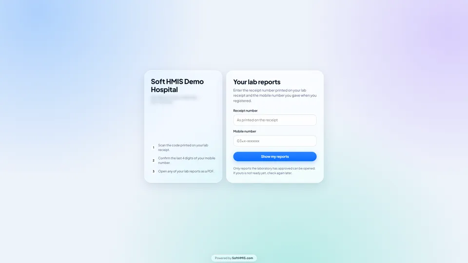 SoftHMIS patient lab result portal where a patient enters the receipt code and mobile number digits to open an approved report.