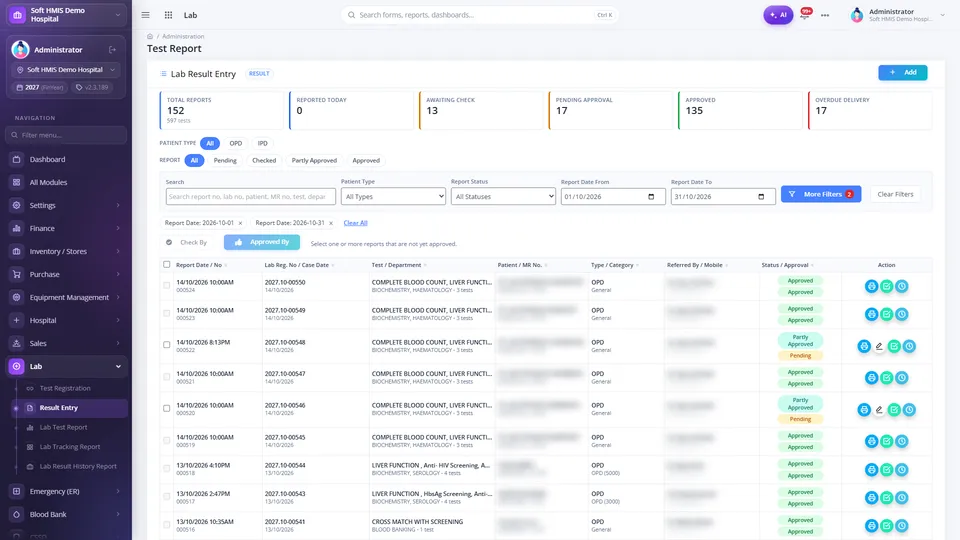 SoftHMIS lab result entry screen with report counts for total, awaiting check, pending approval and approved, and a list of reports with per-test approval status.