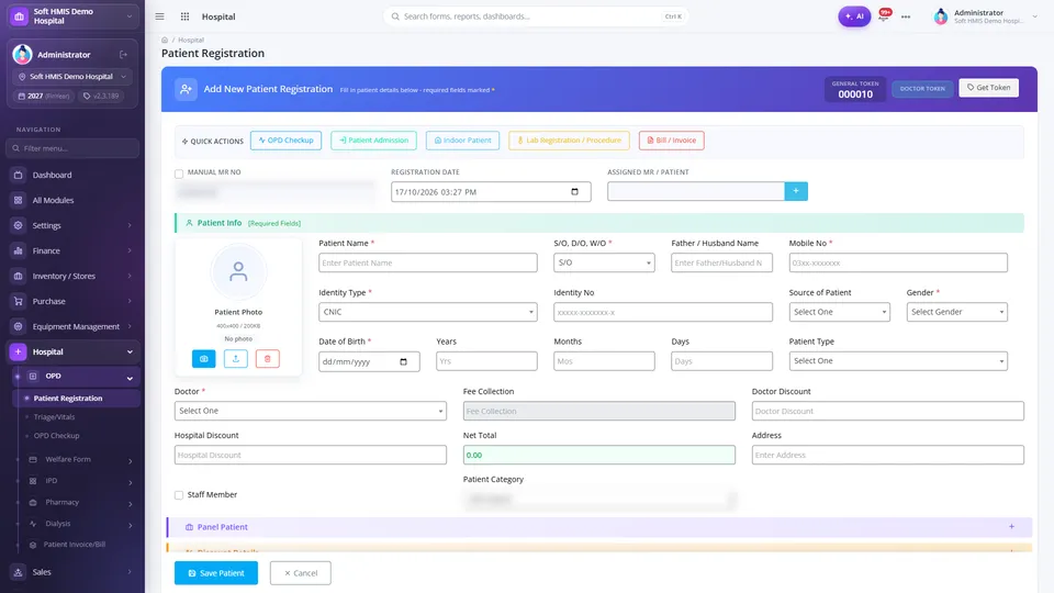 SoftHMIS patient registration form at the front desk with webcam photo, patient type, panel company, doctor selection and automatic consultation fee, with token issue on the same screen.