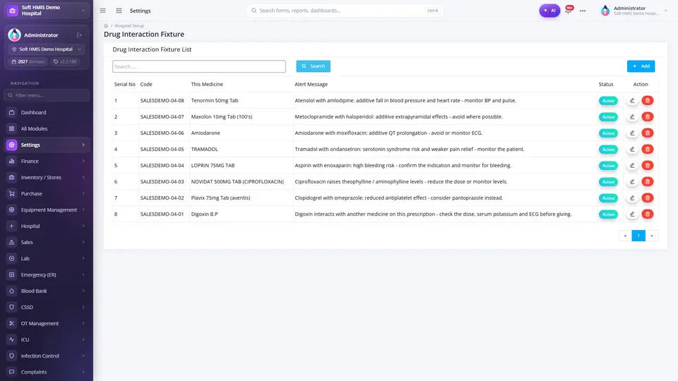 SoftHMIS drug interaction master listing interacting medicine pairs with severity, clinical effect and the alert text shown to the prescriber.