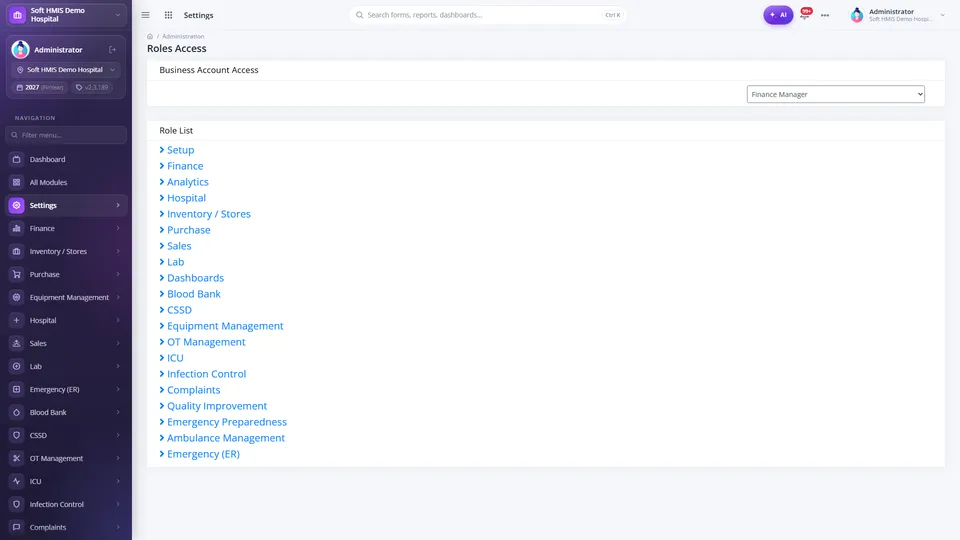 SoftHMIS role access matrix listing every screen with view, add, edit, delete, check and approve checkboxes for the selected role.