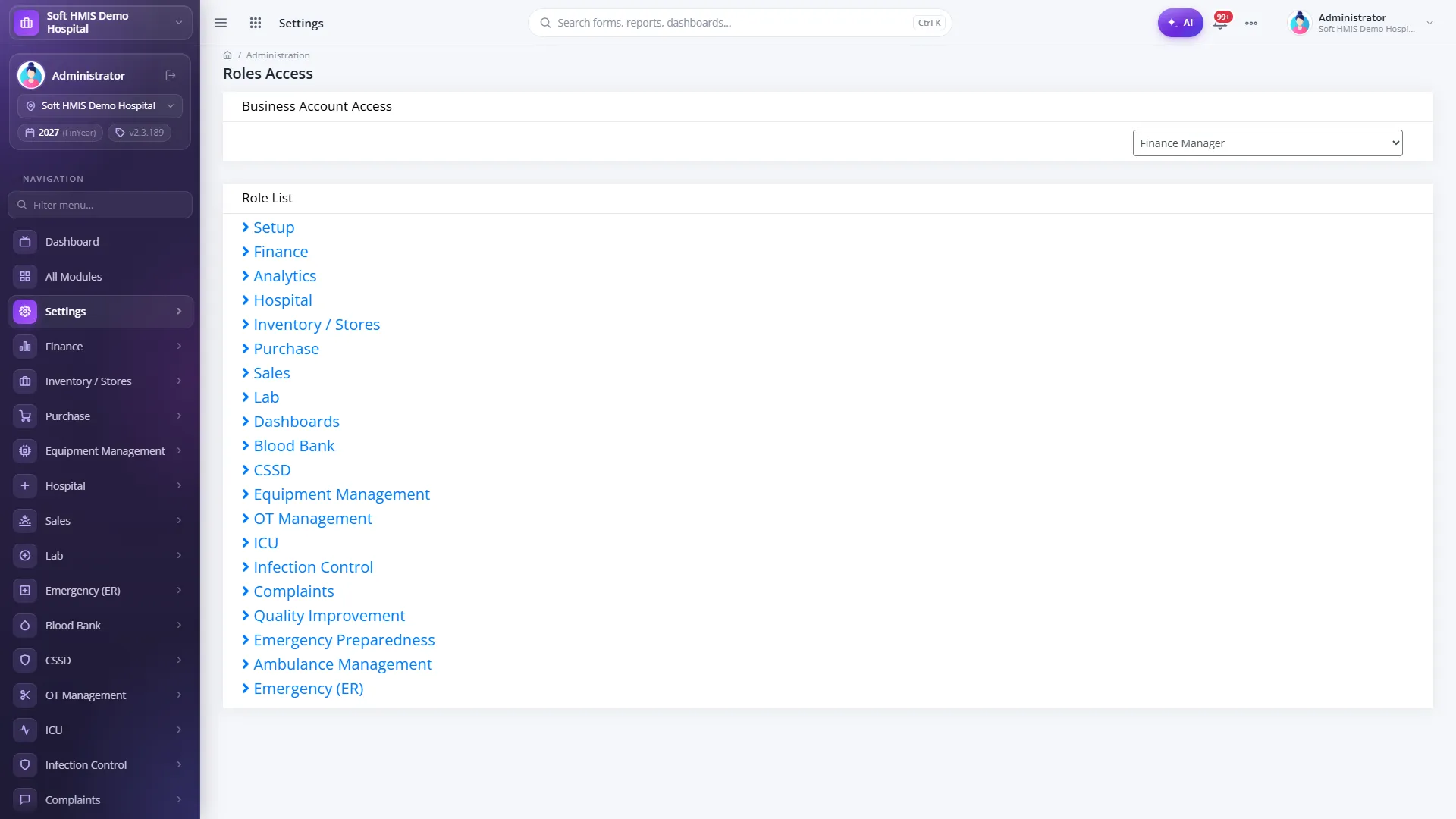 SoftHMIS role access matrix listing every screen with view, add, edit, delete, check and approve checkboxes for the selected role.
