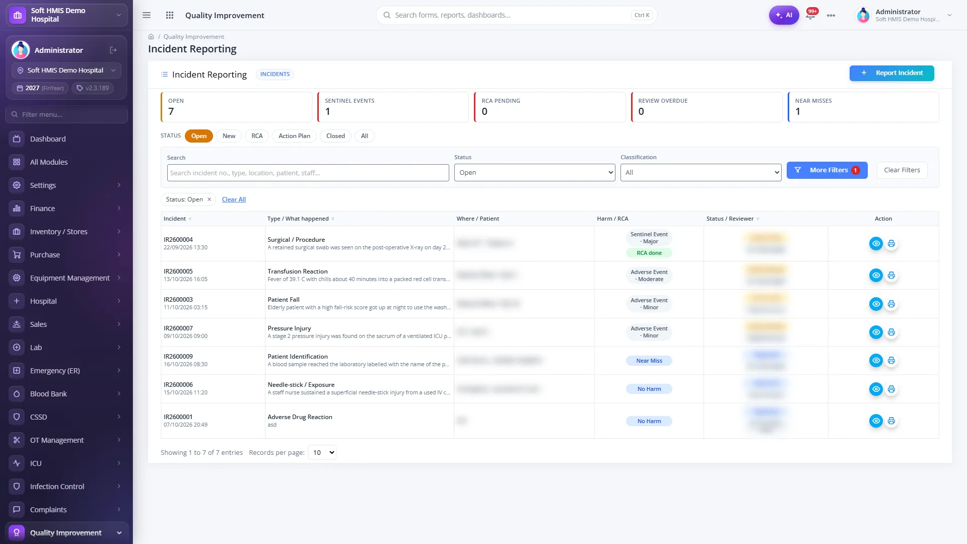 SoftHMIS incident reporting screen listing clinical and non-clinical incidents with severity, status steps and root cause analysis.